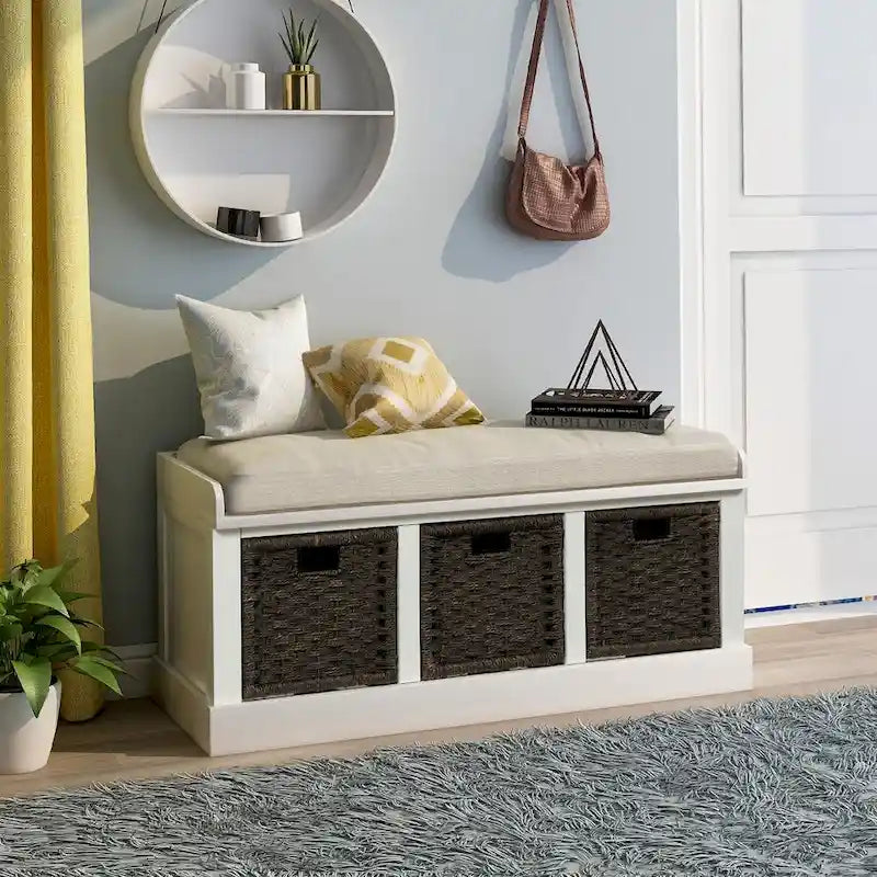 Banc d'entrée avec 3 paniers classiques en rotin amovibles - 43,7L x 15,7W x 17H