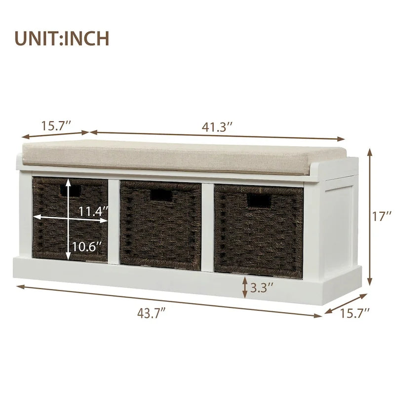 Banc d'entrée avec 3 paniers classiques en rotin amovibles - 43,7L x 15,7W x 17H