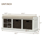 Banc d'entrée avec 3 paniers classiques en rotin amovibles - 43,7L x 15,7W x 17H