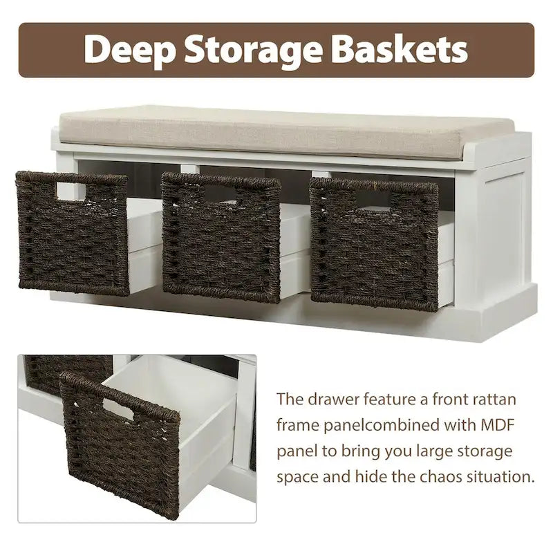 Banc d'entrée avec 3 paniers classiques en rotin amovibles - 43,7L x 15,7W x 17H