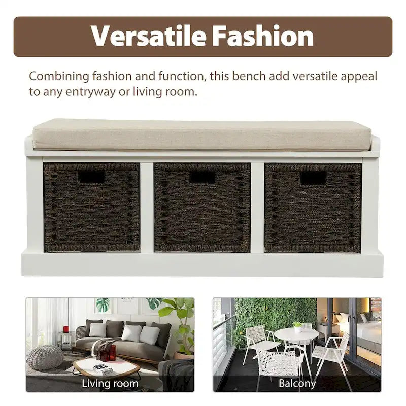 Banc d'entrée avec 3 paniers classiques en rotin amovibles - 43,7L x 15,7W x 17H