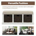 Banc d'entrée avec 3 paniers classiques en rotin amovibles - 43,7L x 15,7W x 17H