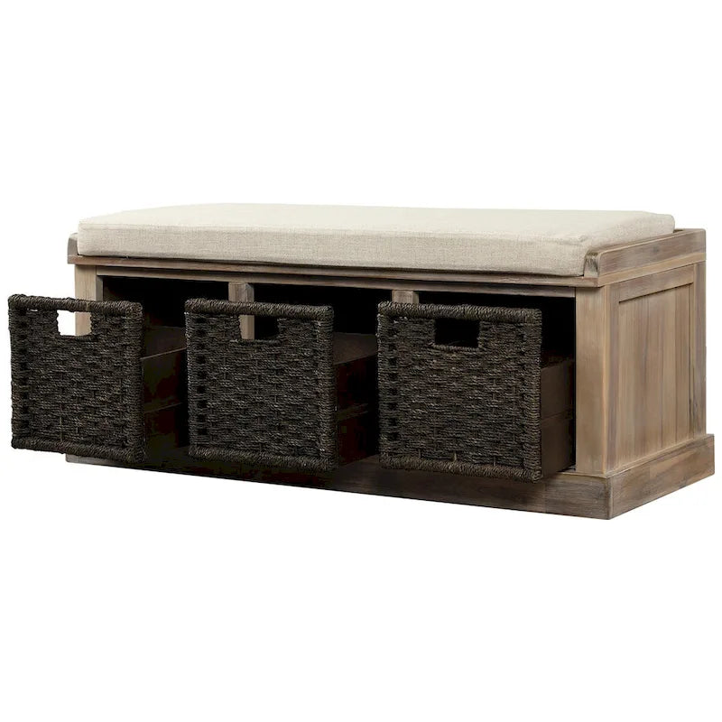 Banc d'entrée avec 3 paniers classiques en rotin amovibles - 43,7L x 15,7W x 17H