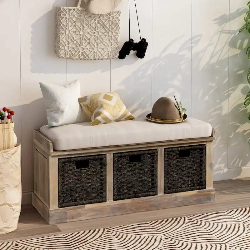 Banc d'entrée avec 3 paniers classiques en rotin amovibles - 43,7L x 15,7W x 17H
