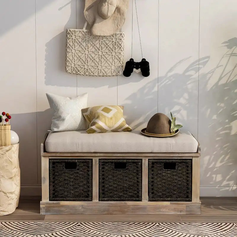 Banc d'entrée avec 3 paniers classiques en rotin amovibles - 43,7L x 15,7W x 17H