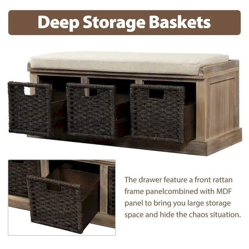Banc d'entrée avec 3 paniers classiques en rotin amovibles - 43,7L x 15,7W x 17H