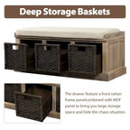 Banc d'entrée avec 3 paniers classiques en rotin amovibles - 43,7L x 15,7W x 17H