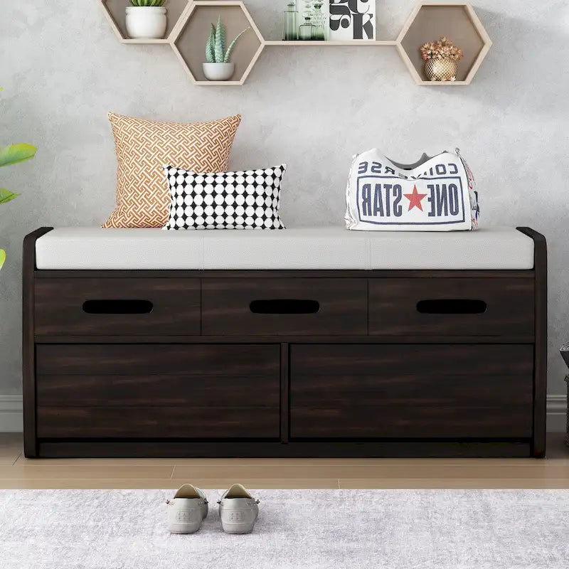 Banc de rangement rustique avec 2 tiroirs, espace de rangement dissimulé et 3 faux tiroirs sur le dessus, banc à chaussures pour le salon, l'entrée