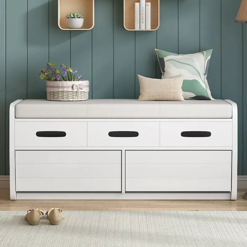 Banc de rangement rustique avec 2 tiroirs, espace de rangement dissimulé et 3 faux tiroirs sur le dessus, banc à chaussures pour le salon, l'entrée