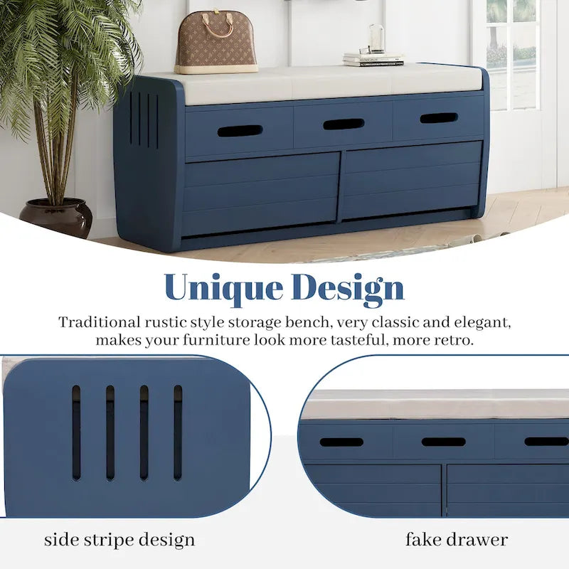 Banc de rangement rustique avec 2 tiroirs, espace de rangement dissimulé et 3 faux tiroirs sur le dessus, banc à chaussures pour le salon, l'entrée