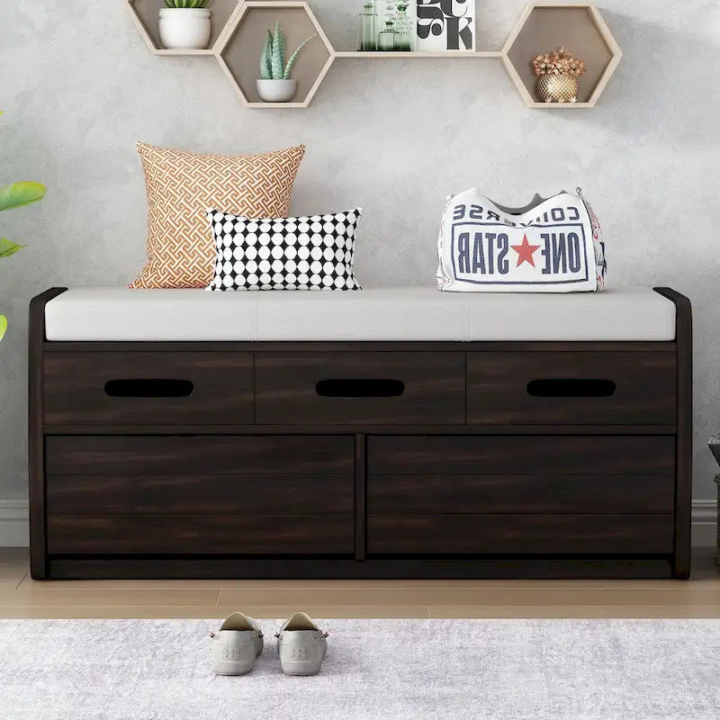 Banc de rangement rustique avec 2 tiroirs, espace de rangement dissimulé et 3 faux tiroirs sur le dessus, banc à chaussures pour le salon, l'entrée