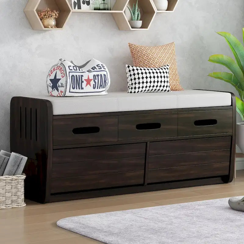 Banc de rangement rustique avec 2 tiroirs, espace de rangement dissimulé et 3 faux tiroirs sur le dessus, banc à chaussures pour le salon, l'entrée