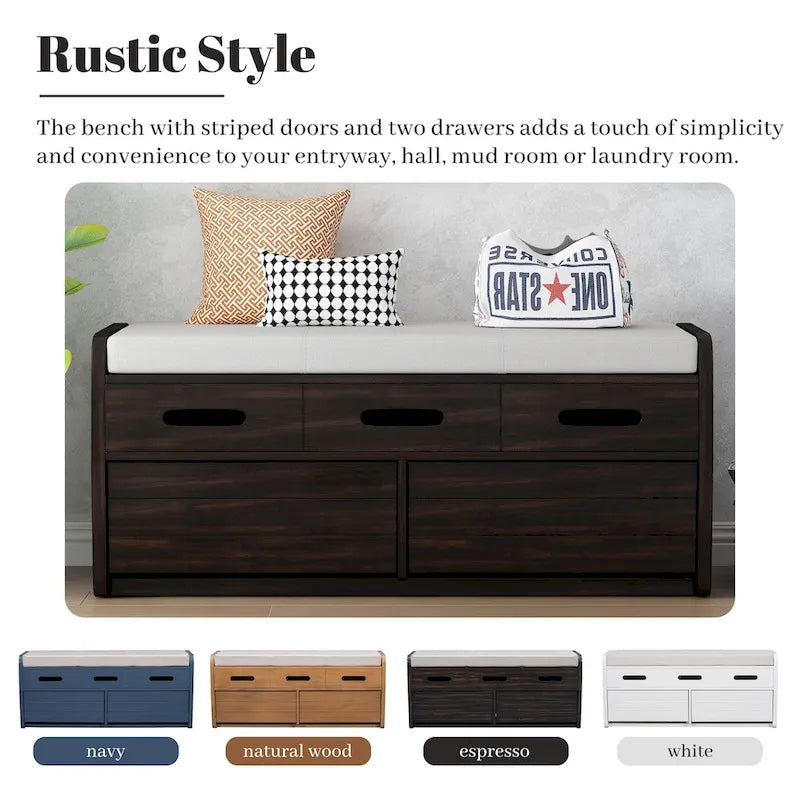 Banc de rangement rustique avec 2 tiroirs, espace de rangement dissimulé et 3 faux tiroirs sur le dessus, banc à chaussures pour le salon, l'entrée