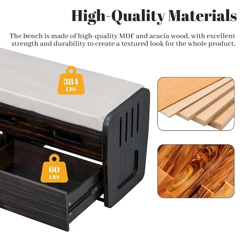 Banc de rangement rustique avec 2 tiroirs, espace de rangement dissimulé et 3 faux tiroirs sur le dessus, banc à chaussures pour le salon, l'entrée