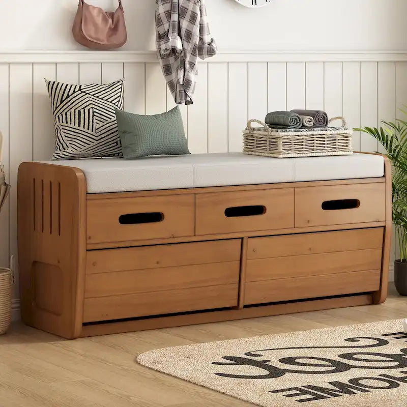 Banc de rangement rustique avec 2 tiroirs, espace de rangement dissimulé et 3 faux tiroirs sur le dessus, banc à chaussures pour le salon, l'entrée