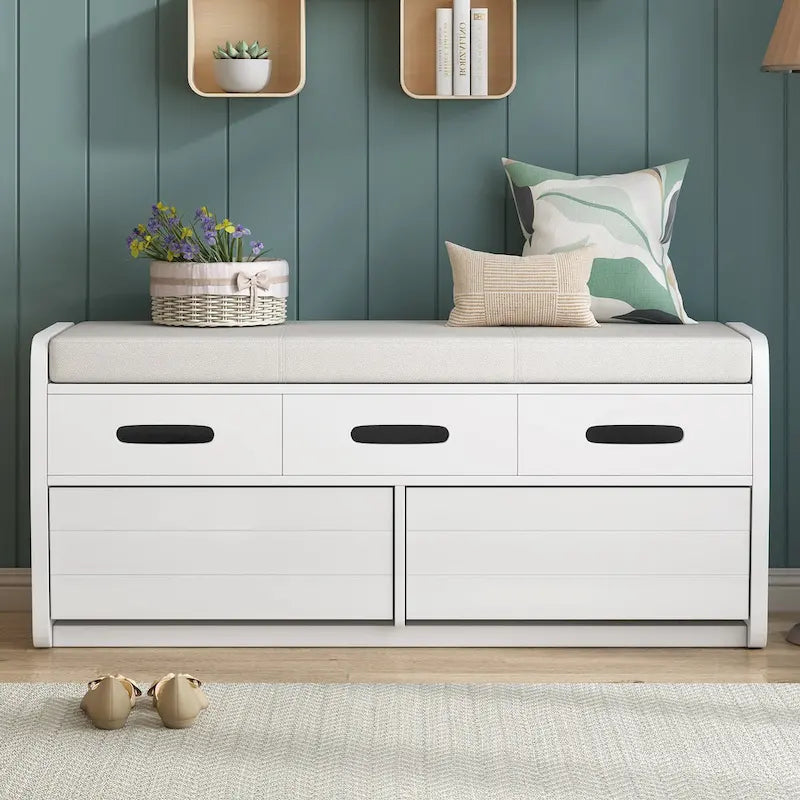 Banc de rangement rustique avec 2 tiroirs, espace de rangement dissimulé et 3 faux tiroirs sur le dessus, banc à chaussures pour le salon, l'entrée
