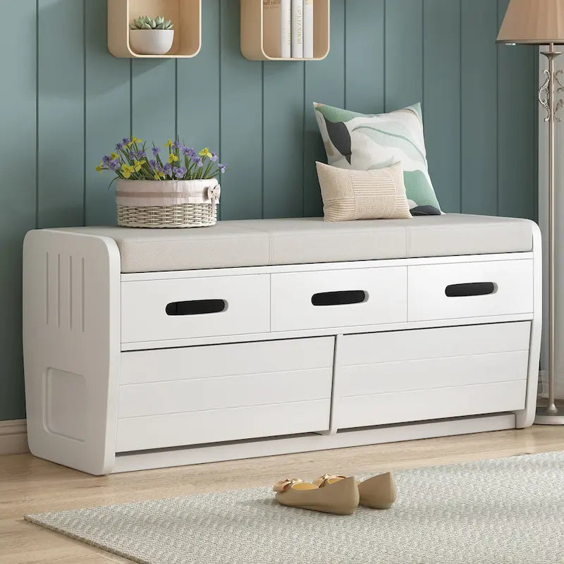 Banc de rangement rustique avec 2 tiroirs, espace de rangement dissimulé et 3 faux tiroirs sur le dessus, banc à chaussures pour le salon, l'entrée