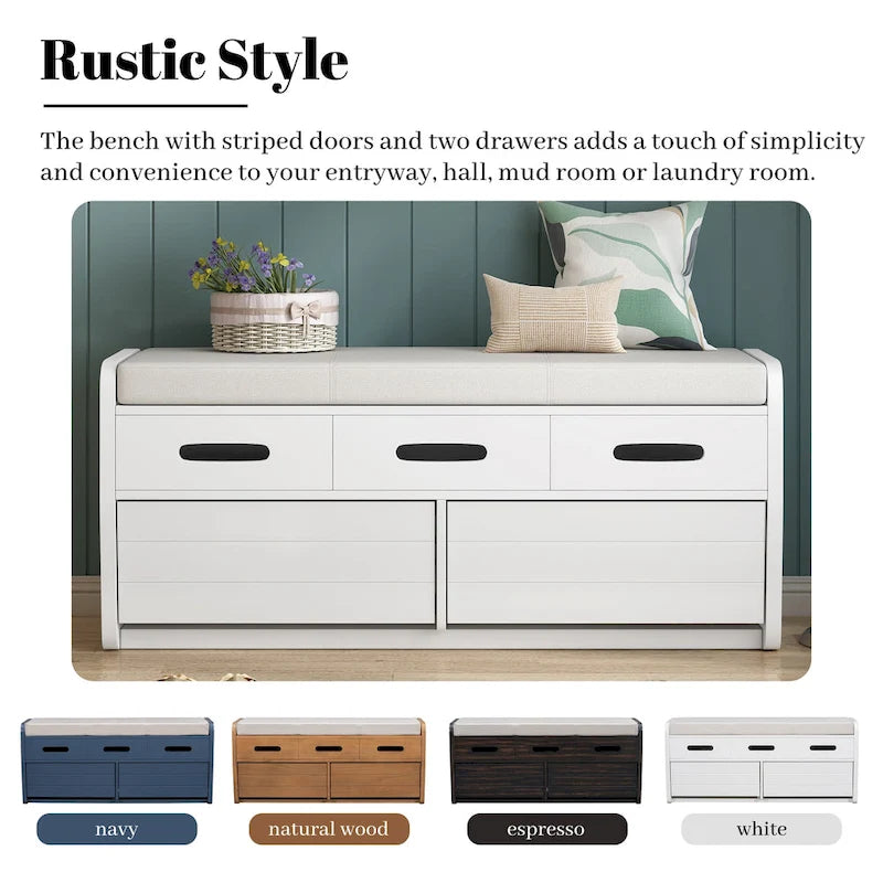 Banc de rangement rustique avec 2 tiroirs, espace de rangement dissimulé et 3 faux tiroirs sur le dessus, banc à chaussures pour le salon, l'entrée
