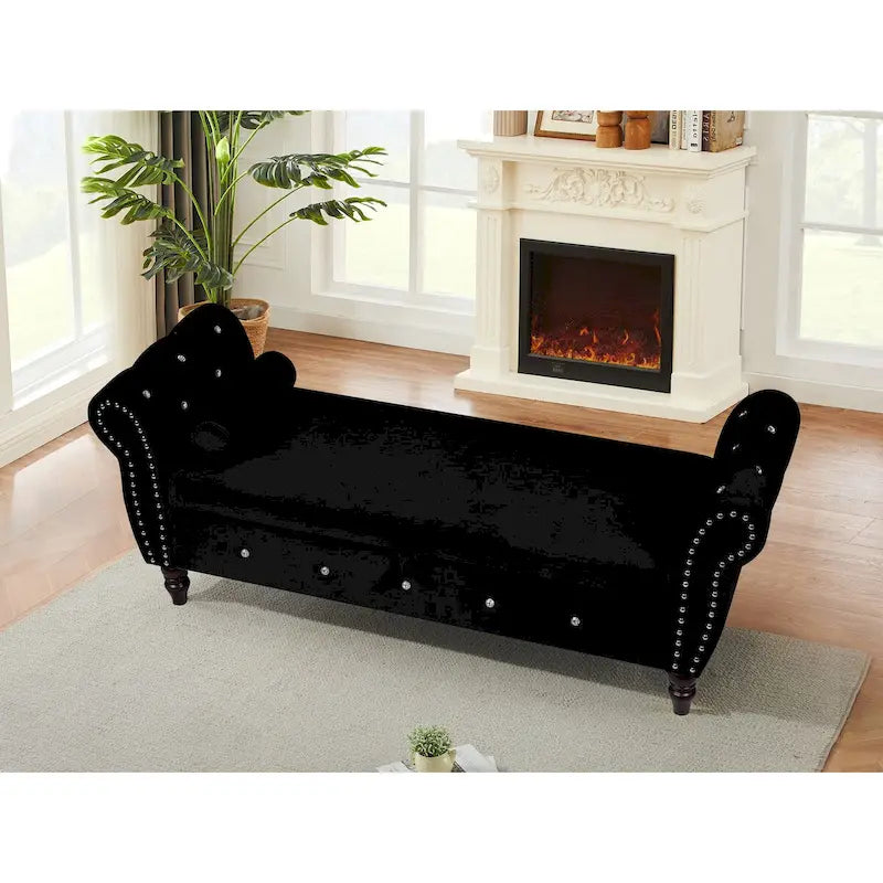 63.38Banc ottoman rectangulaire de rangement multifonctionnel livré avec boucle en cristal et pieds en bois massif avec 1 coussin