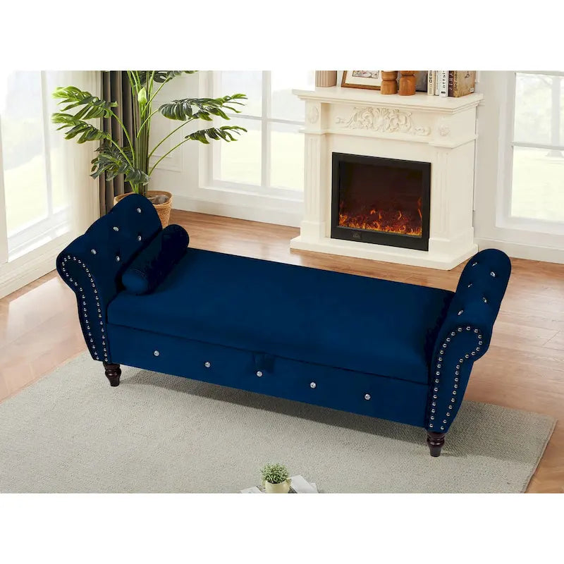 63.38Banc ottoman rectangulaire de rangement multifonctionnel livré avec boucle en cristal et pieds en bois massif avec 1 coussin