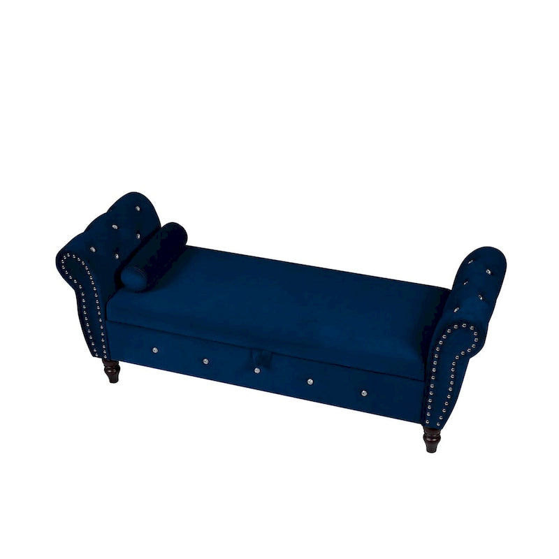 63.38Banc ottoman rectangulaire de rangement multifonctionnel livré avec boucle en cristal et pieds en bois massif avec 1 coussin