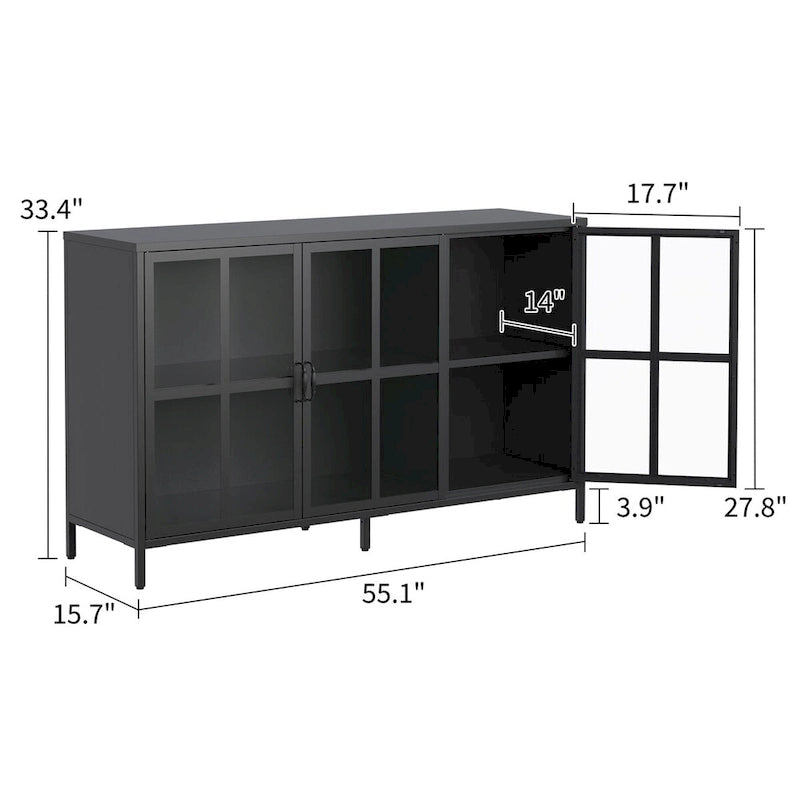 Buffet de salle à manger avec rangement, meuble de rangement en acier, pieds réglables, portes vitrées, grand organisateur de capacité