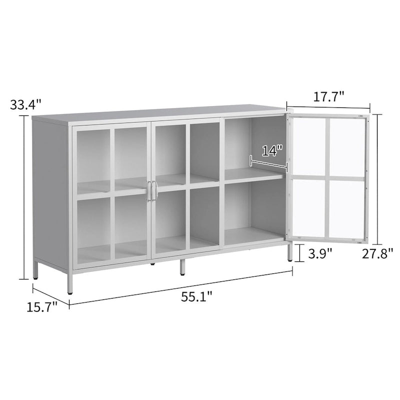 Buffet de salle à manger avec rangement, meuble de rangement en acier, pieds réglables, portes vitrées, grand organisateur de capacité