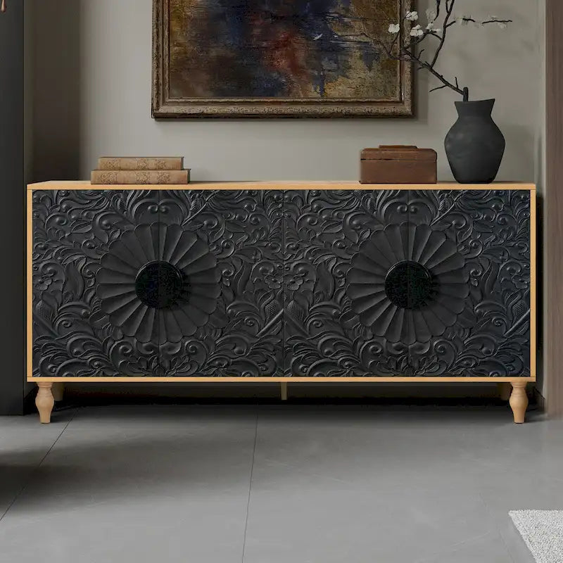 Meuble de porte sculpté floral vintage avec étagères réglables