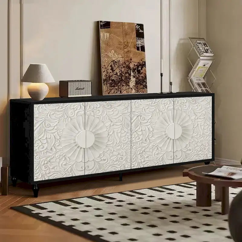 Meuble de porte sculpté floral vintage avec étagères réglables
