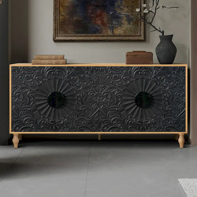 Meuble de porte sculpté floral vintage avec étagères réglables
