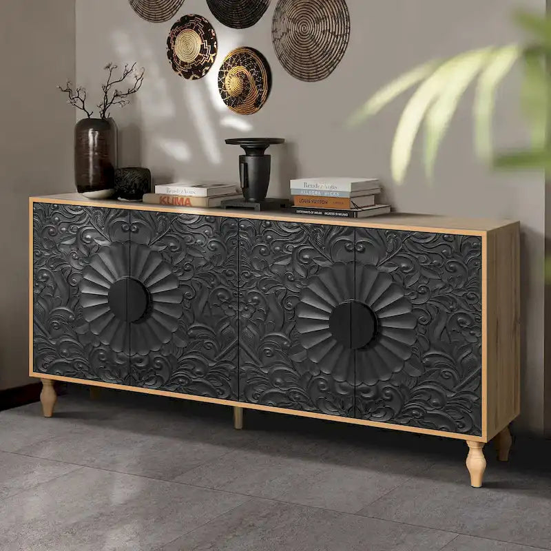 Meuble de porte sculpté floral vintage avec étagères réglables