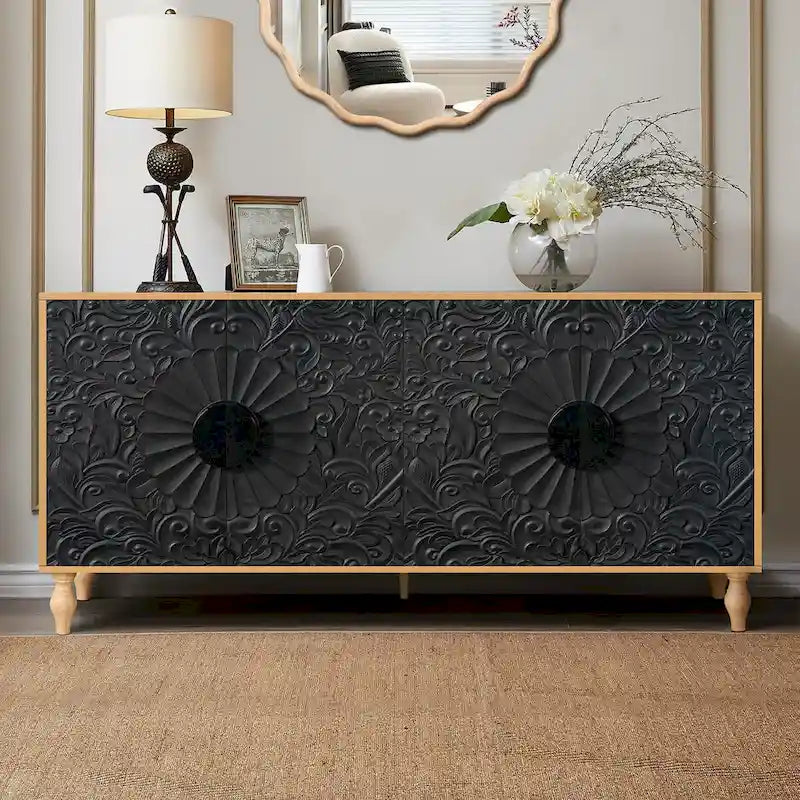 Meuble de porte sculpté floral vintage avec étagères réglables