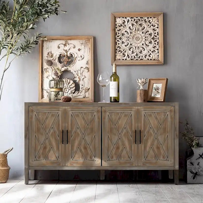 Buffet 4 portes en bois twill de style campagnard américain vintage pour salon, salle à manger ou entrée.