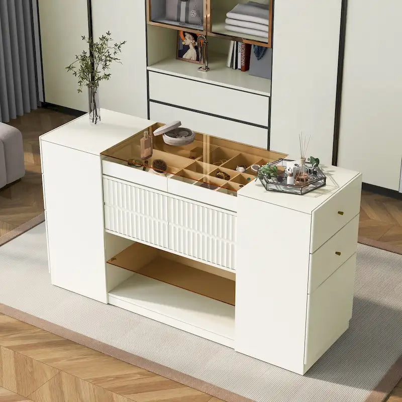 Coiffeuse-îlot multifonctionnelle et meuble de rangement avec plateau en verre, étagère de présentation, 6 tiroirs