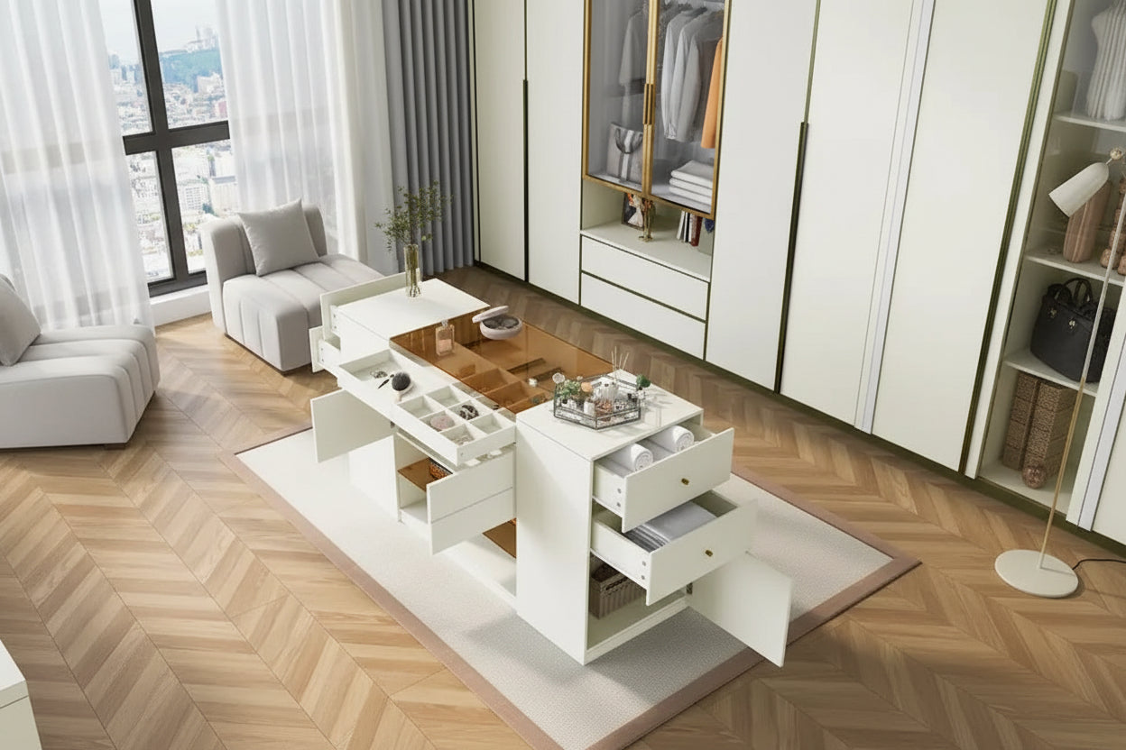 Coiffeuse-îlot multifonctionnelle et meuble de rangement avec plateau en verre, étagère de présentation, 6 tiroirs