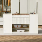 Coiffeuse-îlot multifonctionnelle et meuble de rangement avec plateau en verre, étagère de présentation, 6 tiroirs