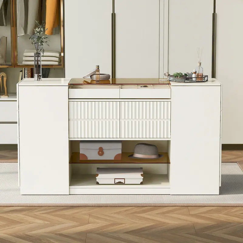 Coiffeuse-îlot multifonctionnelle et meuble de rangement avec plateau en verre, étagère de présentation, 6 tiroirs