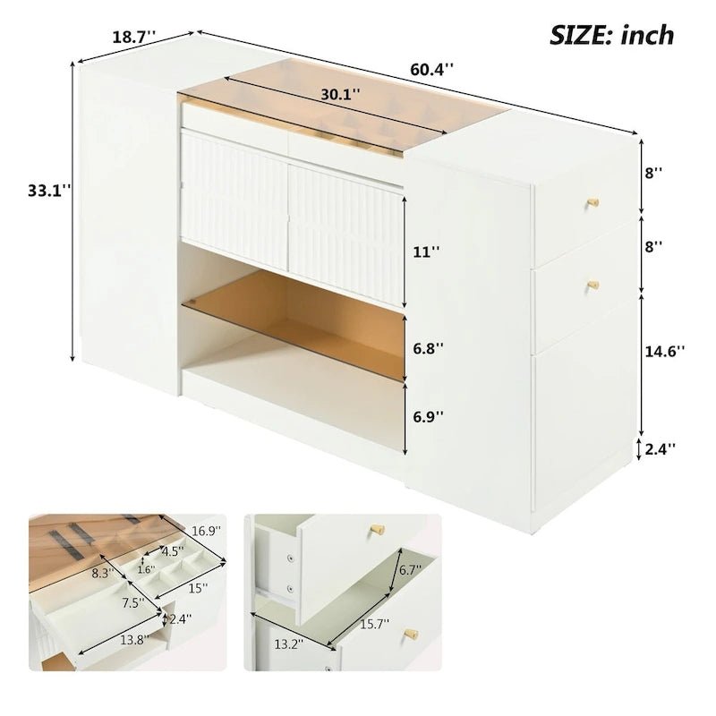 Coiffeuse-îlot multifonctionnelle et meuble de rangement avec plateau en verre, étagère de présentation, 6 tiroirs
