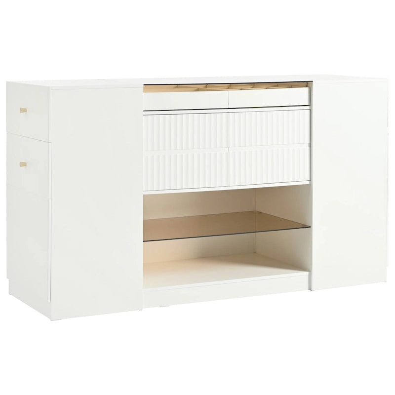 Coiffeuse-îlot multifonctionnelle et meuble de rangement avec plateau en verre, étagère de présentation, 6 tiroirs