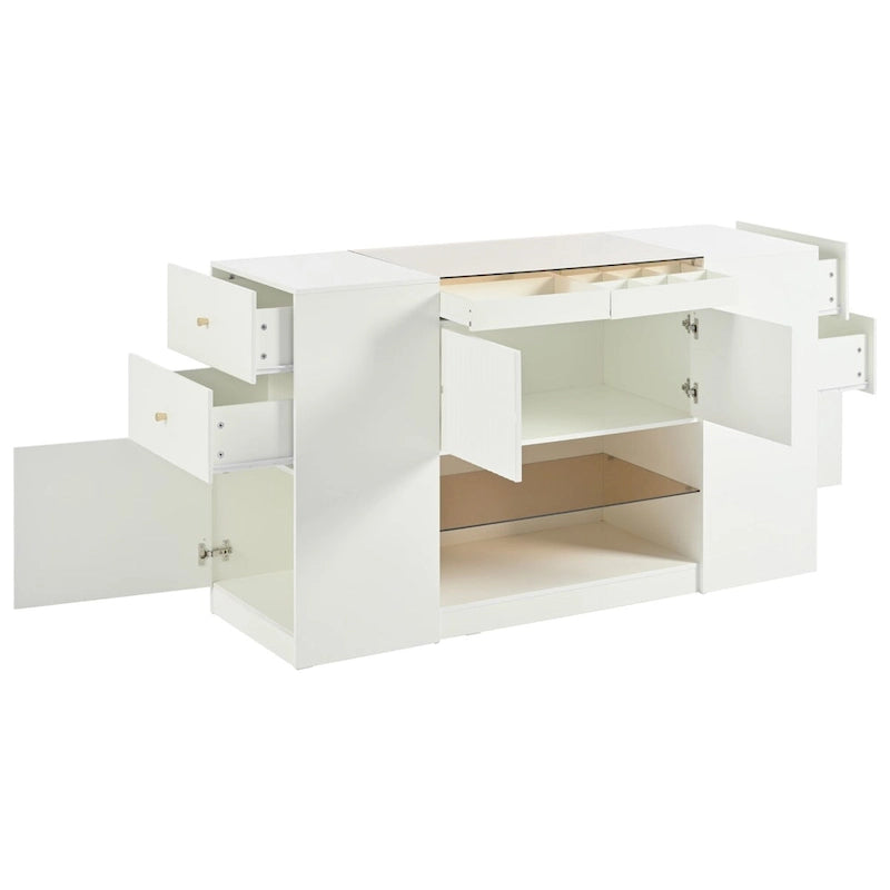 Coiffeuse-îlot multifonctionnelle et meuble de rangement avec plateau en verre, étagère de présentation, 6 tiroirs