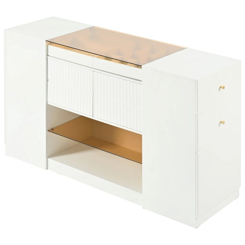 Coiffeuse-îlot multifonctionnelle et meuble de rangement avec plateau en verre, étagère de présentation, 6 tiroirs