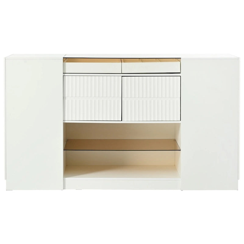 Coiffeuse-îlot multifonctionnelle et meuble de rangement avec plateau en verre, étagère de présentation, 6 tiroirs