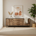 Alvin Brown Solid Wood With Black Metal Frame 3 Drawer 2 Cabinet Door Sideboard - 82.0L x 20.0W x 30.0H