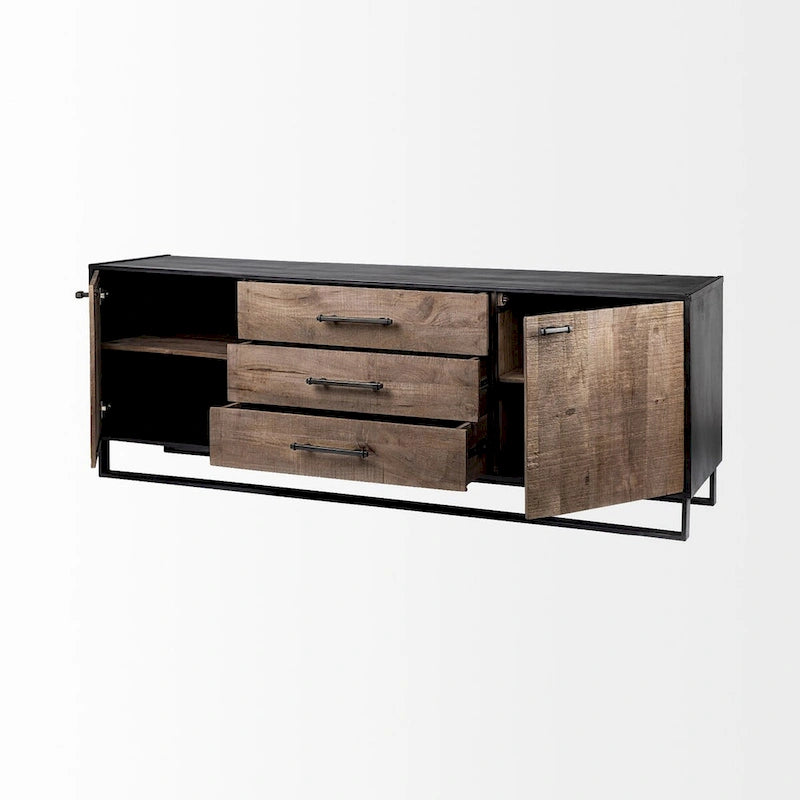 Buffet 3 tiroirs 2 portes Marron et Noir, montage 1 personne