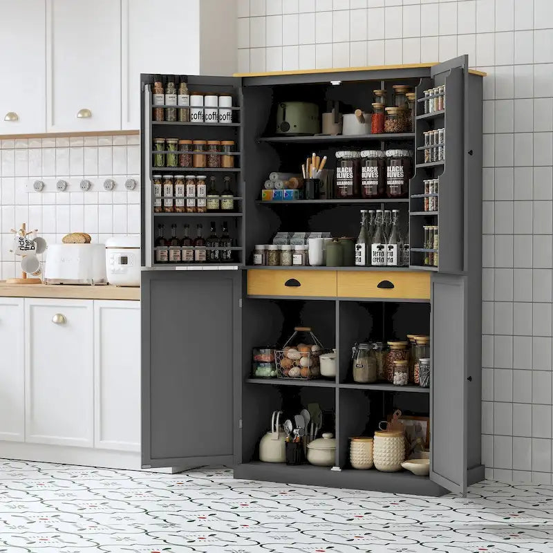 Grand garde-manger de cuisine autoportant de 102,1 x 50,8 x 181,1 cm avec 2 tiroirs et 2 étagères de porte réglables à 8 niveaux