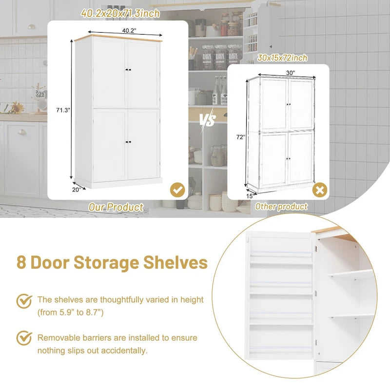 Grand garde-manger de cuisine autoportant de 102,1 x 50,8 x 181,1 cm avec 2 tiroirs et 2 étagères de porte réglables à 8 niveaux