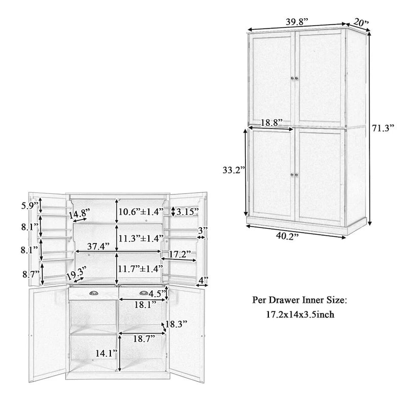 Grand garde-manger de cuisine autoportant de 102,1 x 50,8 x 181,1 cm avec 2 tiroirs et 2 étagères de porte réglables à 8 niveaux
