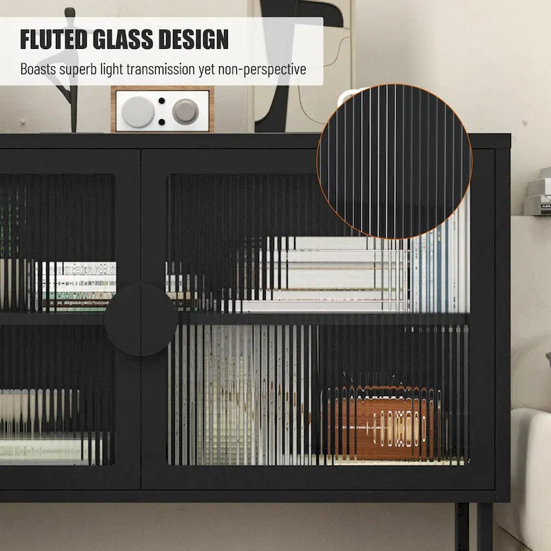 Meuble vitrine en verre trempé avec 2 portes en verre cannelé, étagère réglable, pieds en U, placard fermé pour cuisine et salon