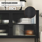 Meuble vitrine en verre trempé avec 2 portes en verre cannelé, étagère réglable, pieds en U, placard fermé pour cuisine et salon