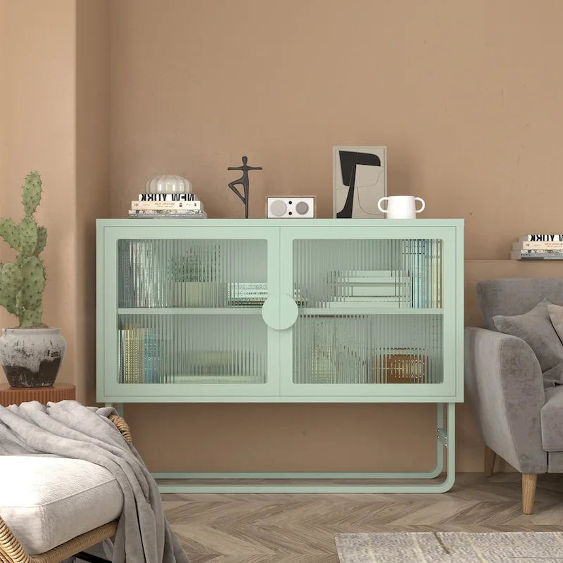 Meuble vitrine en verre trempé avec 2 portes en verre cannelé, étagère réglable, pieds en U, placard fermé pour cuisine et salon